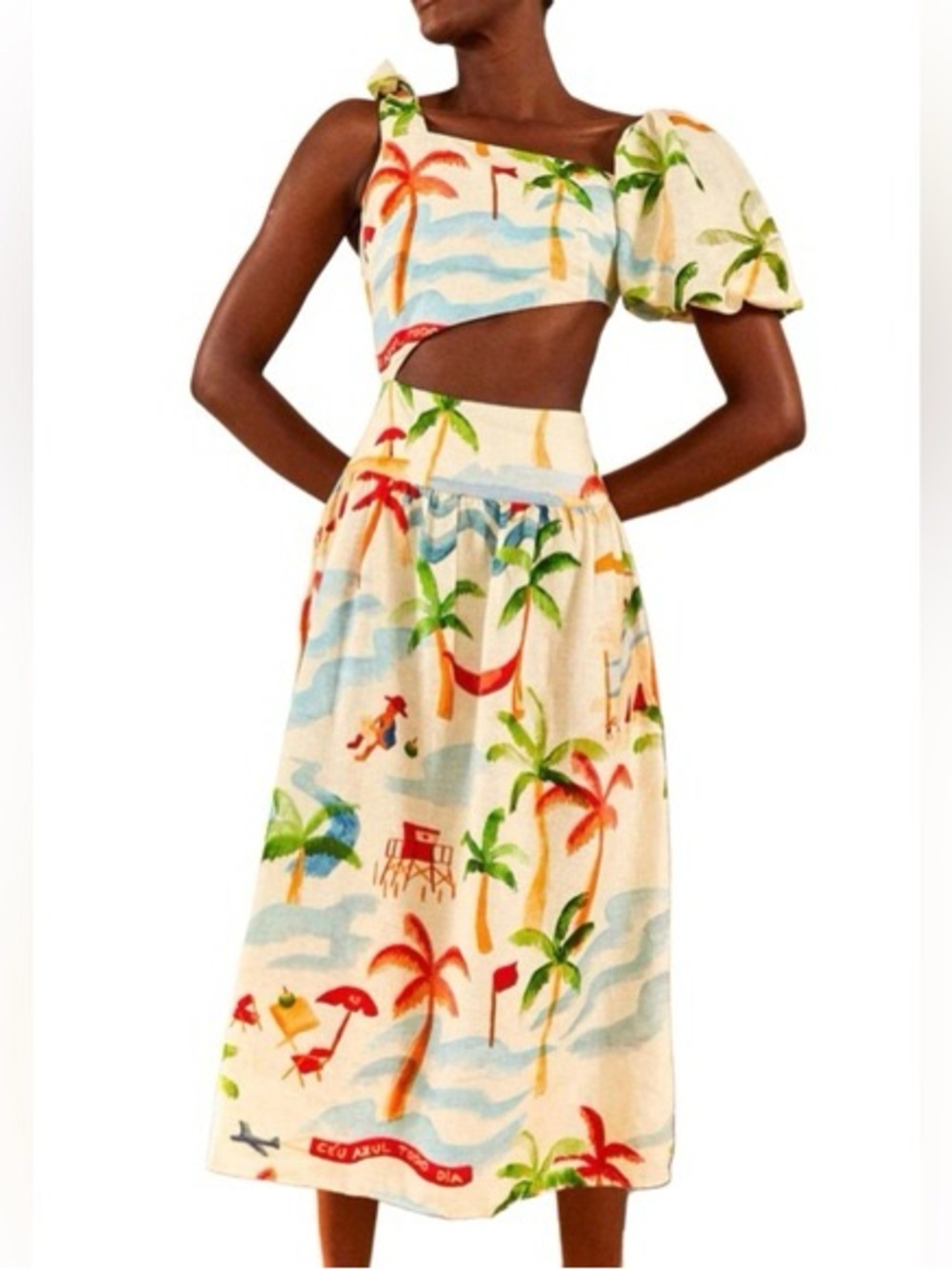 FARM Rio Cream Midi Dress with Multicolor Palm & Beach Print